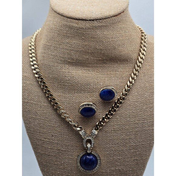 Vintage Christian Dior Signed Necklace & Matching Earrings, Gold-Tone w Crystals - Picture 3 of 10